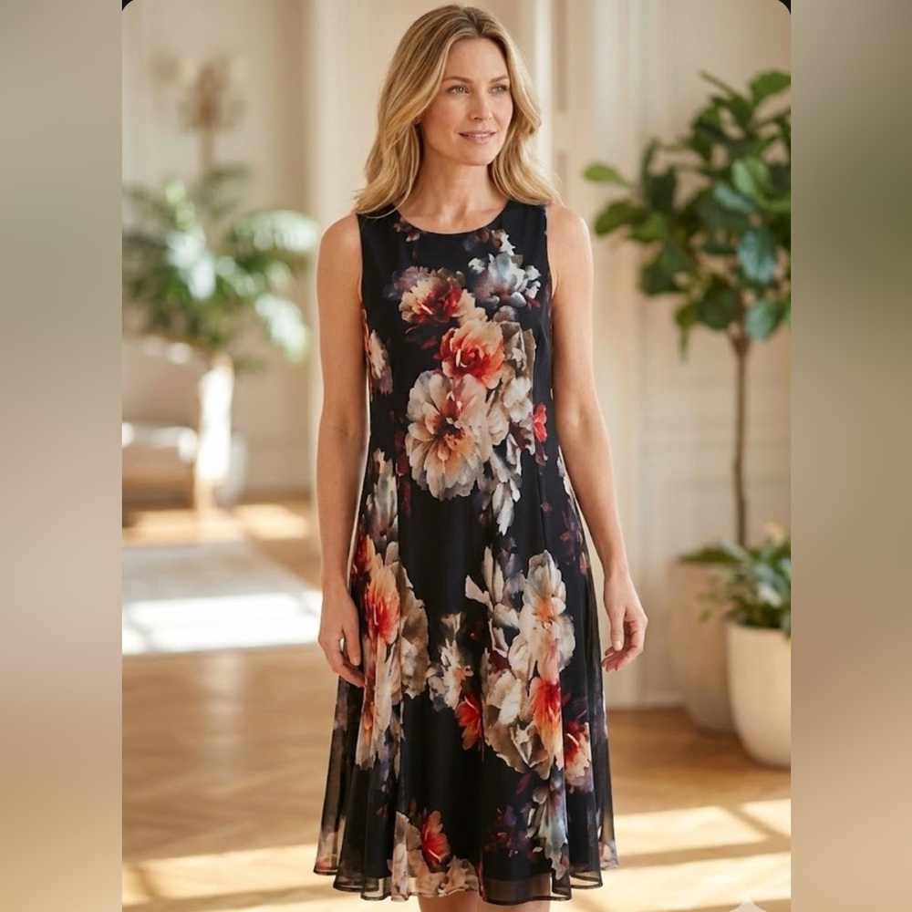 SLNY black‎ with flowers print mid dress size 10